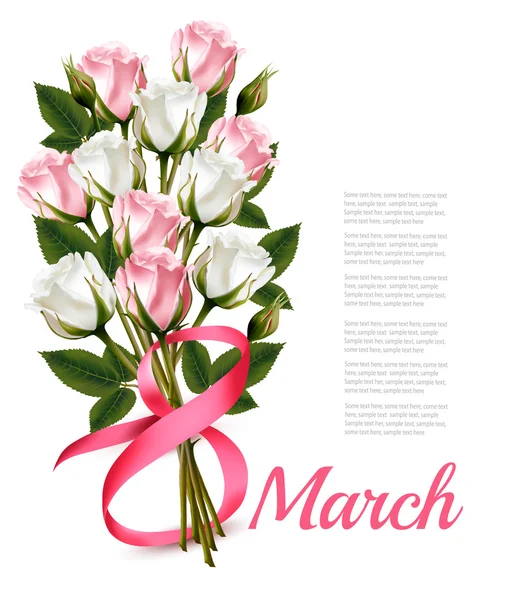 8 de marzo ilustración vintage. Ramo de rosas blancas y rosas. Ve. — Vector de stock