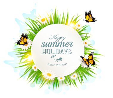mutlu yaz tatil afiş çim ve kelebekler ile. Vektör.