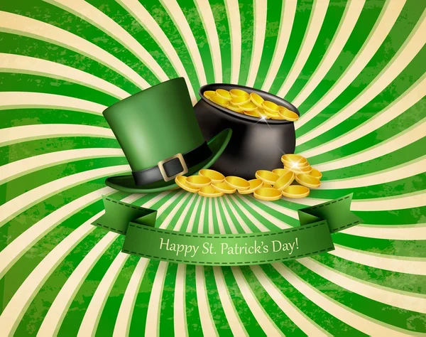 Saint Patrick's Day background with a green hat and gold coins i — Stock Vector