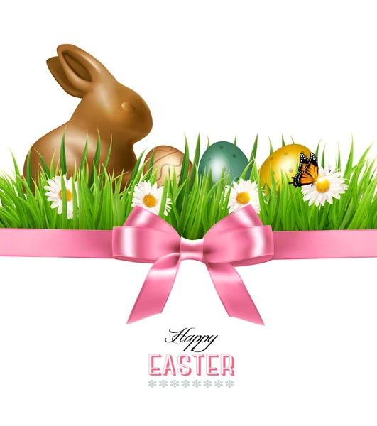 Happy Easter background. Colorful Easter eggs and chocolate bunn — Stock Vector