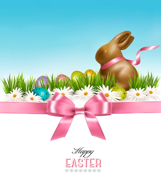 Buon sfondo pasquale. Uova di Pasqua colorate e coniglietto al cioccolato — Vettoriale Stock