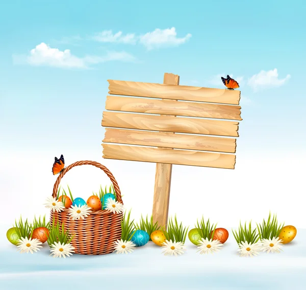 Happy Easter background. Easter eggs and wooden sign. Vector. — Stock Vector