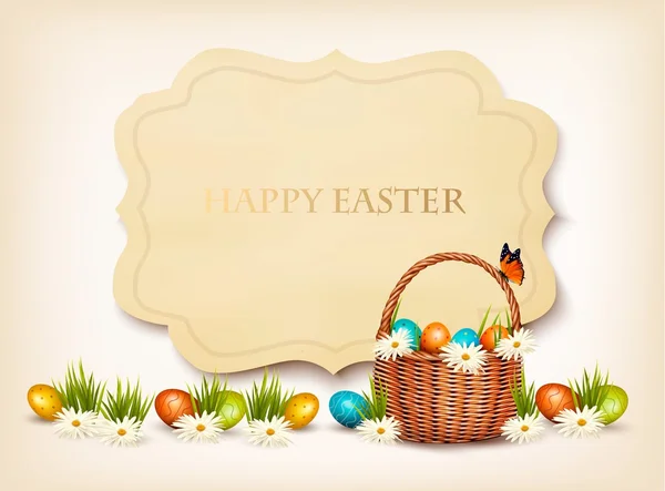 Happy Easter background. Eggs in a basket. Vector. — Stock Vector