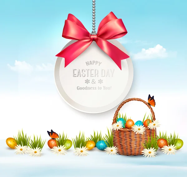 把鸡蛋放在一个篮子的节日复活节背景。矢量. — 图库矢量图片