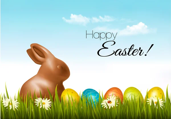 Gelukkig Pasen achtergrond. Paaseieren en een chocolade konijn. Vect — Stockvector