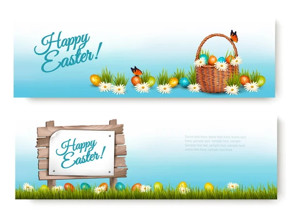 Two Happy Easter banners with Easter eggs in a basket. Vector. — Stock Vector