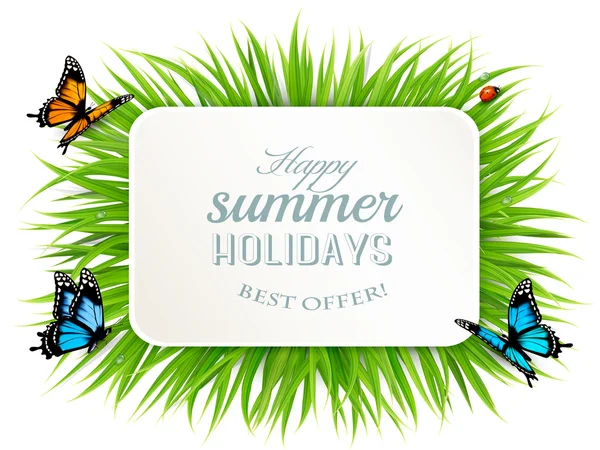 Щасливі літні канікули банер з травою, метеликами і сонечком — стоковий вектор