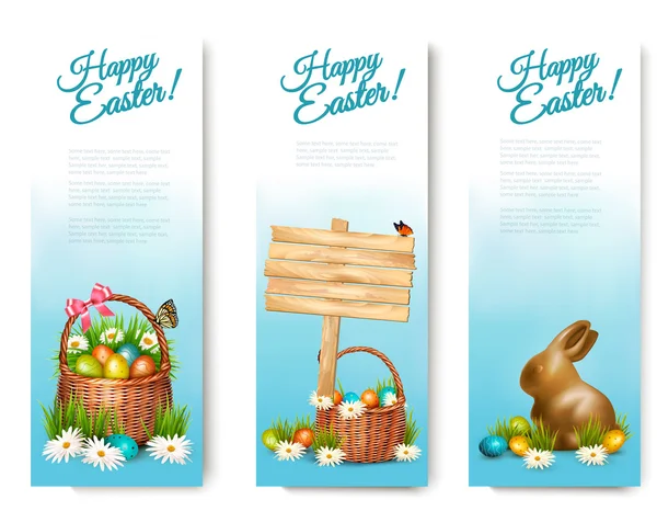 Három boldog Húsvét, húsvéti tojást egy kosárban bannerek. Vektor. — Stock Vector