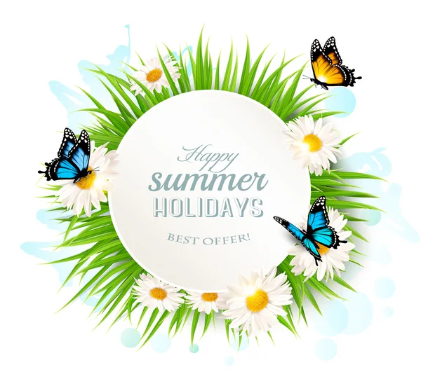 Fröhliche Sommerferien Banner mit Gras und Schmetterlingen. Vektor. — Stockvektor