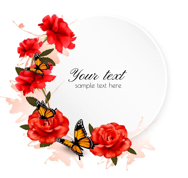 Fondo de vacaciones con flores rojas y mariposa. Vector . — Vector de stock