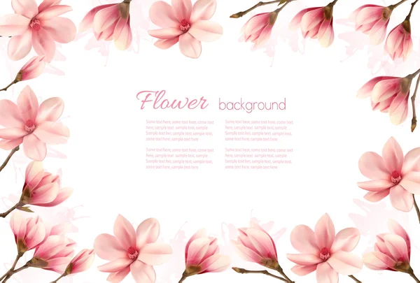 Flower background with a border of pink magnolia blossoms. Vecto — Stock Vector