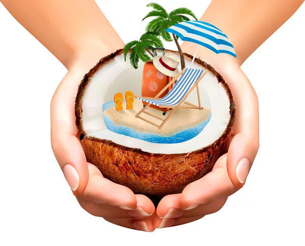 Vakantie concept. Palmboom, koffer en een paraplu in een cocon — Stockvector
