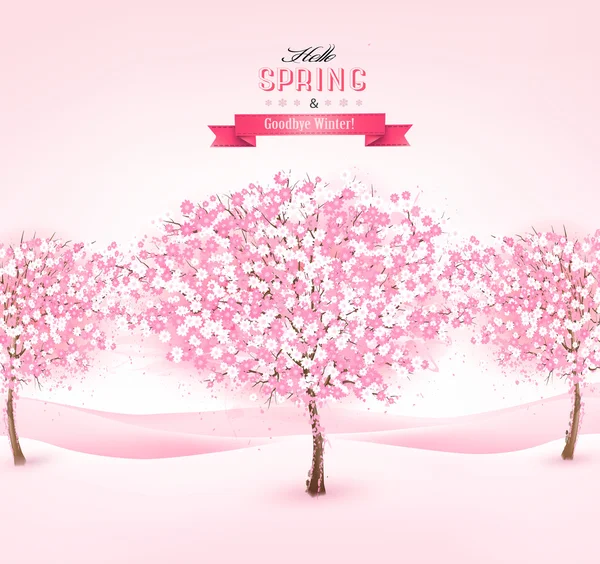 Spring background with cherry blossom trees. Vector. — Stock Vector