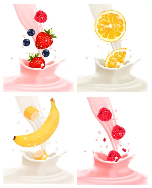 Quatro rótulos diferentes com frutas caindo no leite e iogurte. V — Vetor de Stock