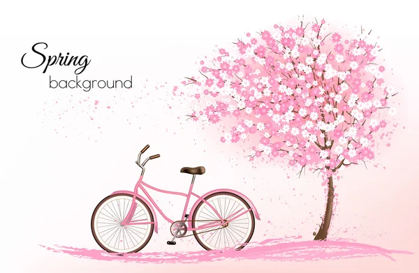 Spring background with a blossoming tree and a bike. Vector. — Stock Vector