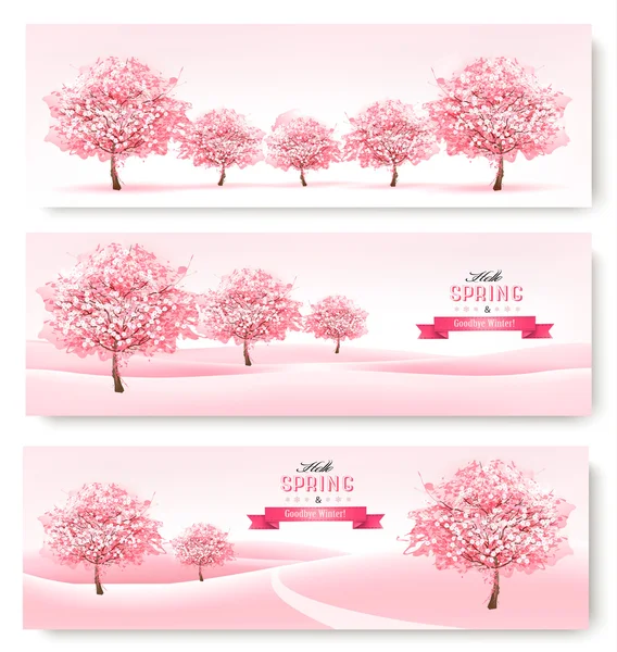 Drie voorjaar banners met roze kersenbloesem bomen. Vector. — Stockvector