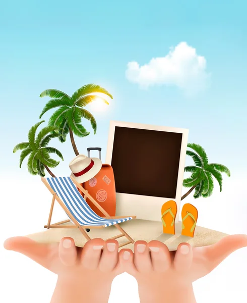 Summer vacation background. Hands holding up holiday items. Vect — Stock Vector
