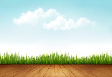 Ahşap güverte ile doğa arka plan. Vektör.