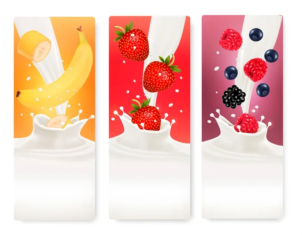 Три фруктові та молочні банери . — стоковий вектор