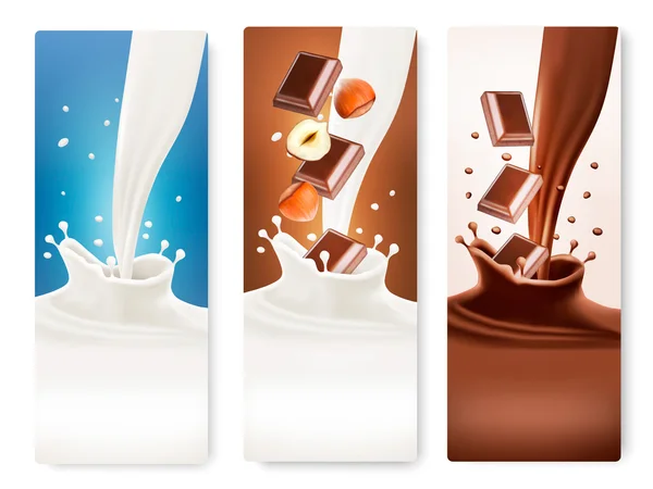 Set of banners with chocolate and milk splashes. Vector. — Stock Vector