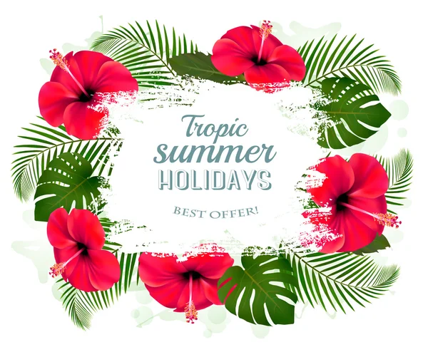 Happy summer holidays frame with red flowers and tropical leaves Royalty Free Stock Illustrations
