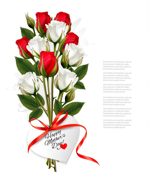 Bouquet mawar dengan hati berbentuk Happy Mother 's Day catatan dan - Stok Vektor