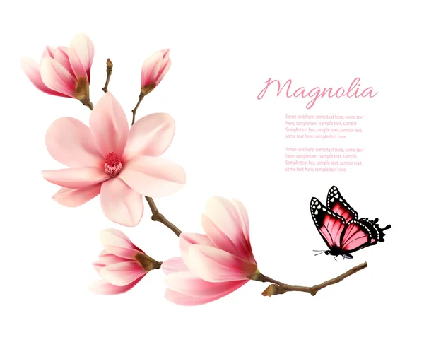 Hermosa rama de magnolia rosa con una mariposa. Vector . — Vector de stock