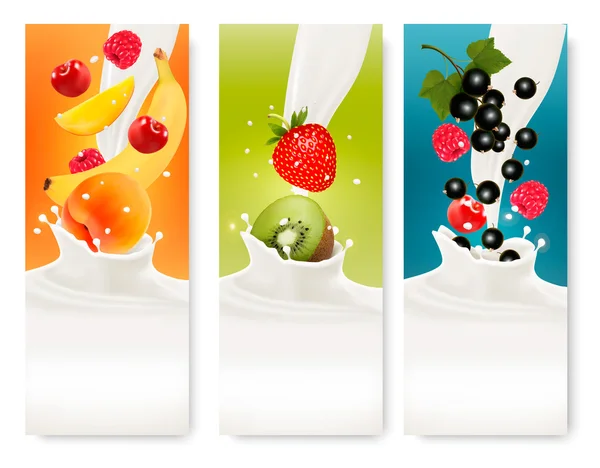 Tres etiquetas de frutas y leche. Vector . — Vector de stock