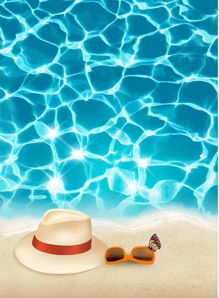 Vacation background with blue sea, a hat and sunglasses. Vector. — Stock Vector