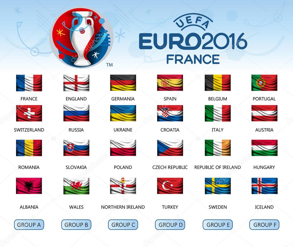 Collection of flags of countries. Participants of EURO 2016. Vec Stock