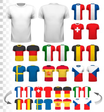 Çeşitli futbol formaları topluluğu. T-shirt şeffaf