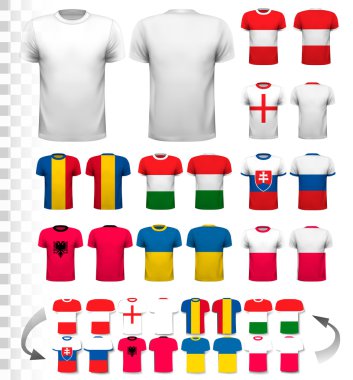 Çeşitli futbol formaları topluluğu. T-shirt şeffaf