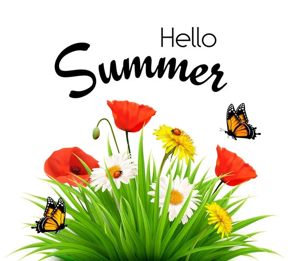 Feliz férias de verão fundo com flores e borboletas. V — Vetor de Stock