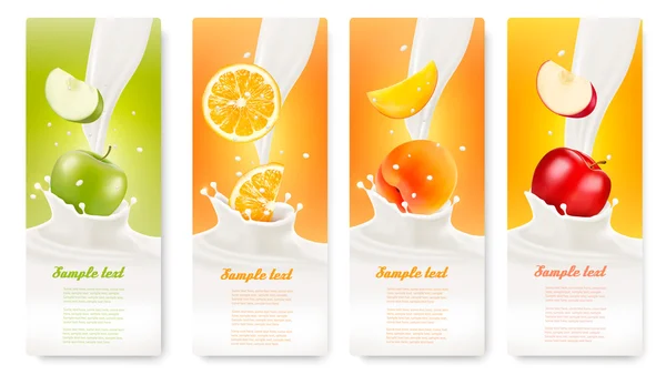 Set of banners with fruit and milk. Vector. — Stock Vector