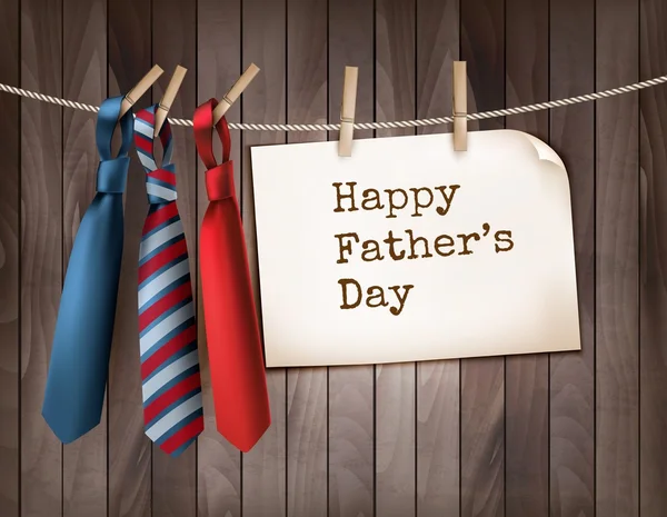 Glücklicher Vatertagshintergrund mit drei Krawatten auf hölzernem Rücken — Stockvektor