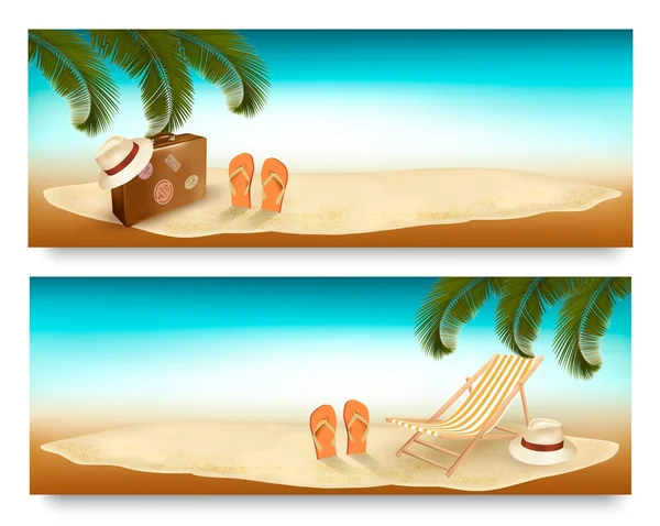 Isla tropical con palmeras, una silla de playa y una maleta. Vacati. — Vector de stock