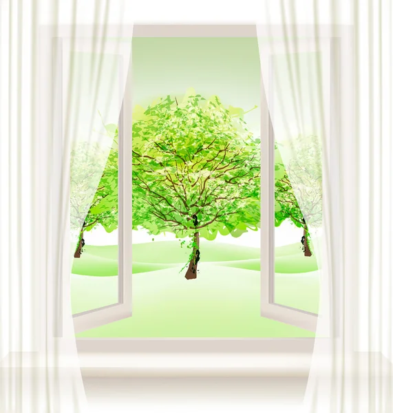 Summer background with an open window and green trees. Vector. — Stock Vector