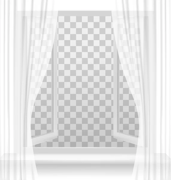 Ventana abierta con cortinas sobre fondo transparente. Vector . — Vector de stock