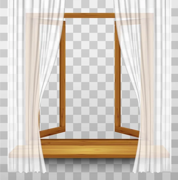 Marco de ventana de madera con cortinas sobre fondo transparente. V. — Archivo Imágenes Vectoriales