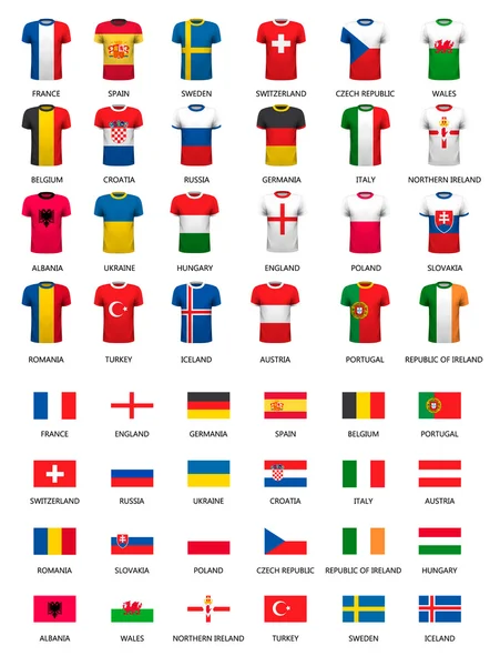 Samling av olika fotbollströjor och lands flagg. Ve — Stock vektor