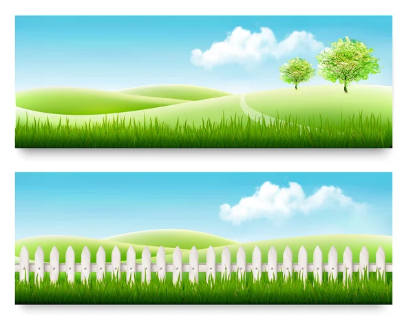 Natuur zomer banners met groen gras en een blauwe hemel. Vector — Stockvector