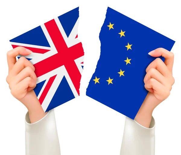 Två trasiga flaggor - Eu och Uk i händerna. Brexit koncept. Vektor. — Stock vektor
