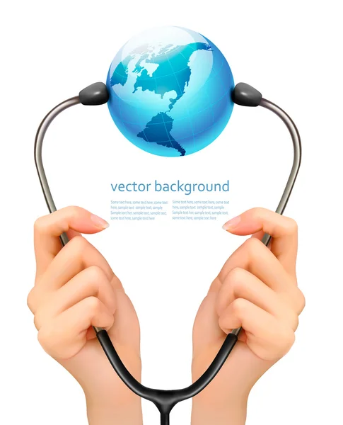 Medical background with hands holding a stethoscope with globe. — Stock Vector