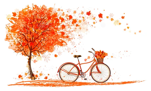 Autumn background with a tree and a bicycle. Vector — Stock Vector