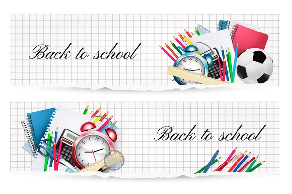 Zurück zur Schule. Zwei Banner mit Schulmaterialien. Vektor — Stockvektor