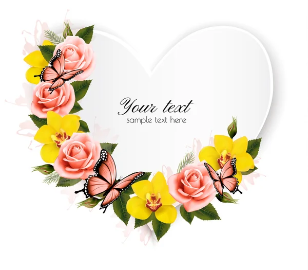 Heart shaped banner with roses and yellow orchids. Vector. — Stock Vector