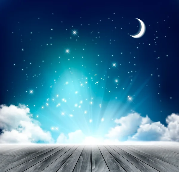 Bela noite mágica fundo com lua e estrelas. Vetor . — Vetor de Stock