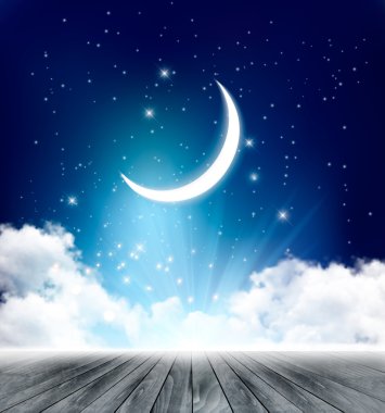 Gece gökyüzü arka plan ile Hilal ay, bulutlar ve yıldız. 
