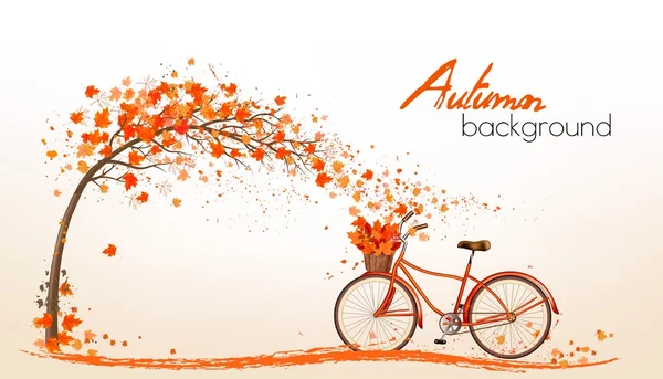 Fondo de otoño de la naturaleza con hojas coloridas y una bicicleta. Vec — Vector de stock