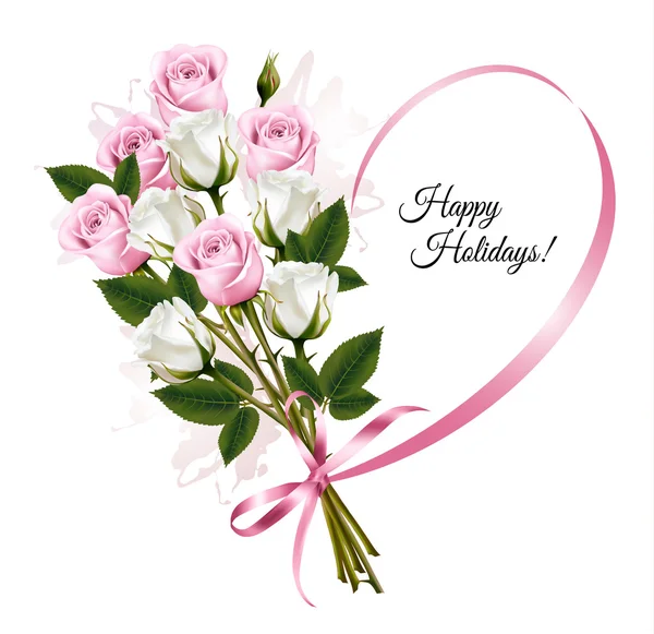 Όμορφη κάρτα με ροζ και λευκά τριαντάφυλλα. Διάνυσμα. — Διανυσματικό Αρχείο